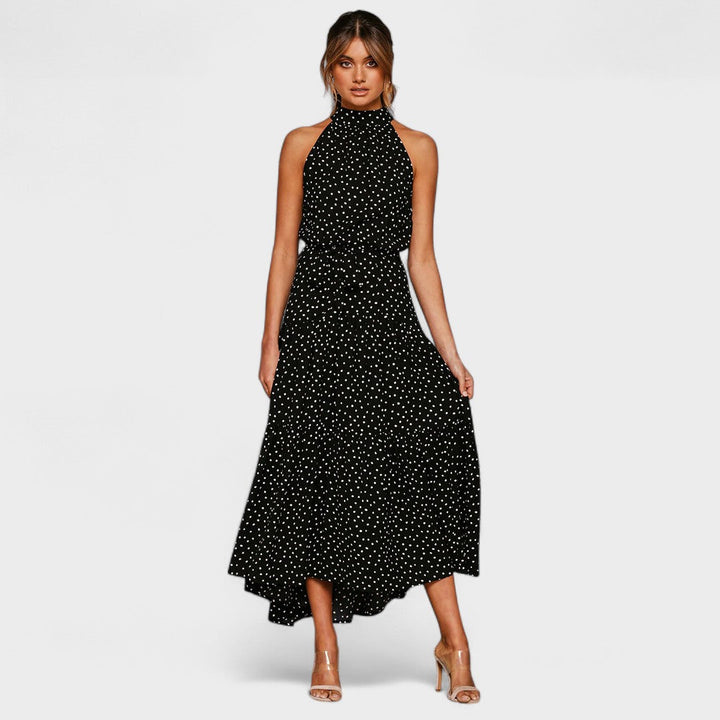 Polka Dot Maxi Dress with Open Back and Bow Waist Tie