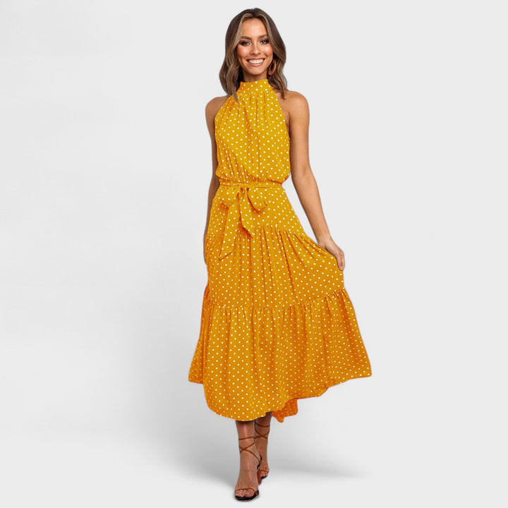 Polka Dot Maxi Dress with Open Back and Bow Waist Tie