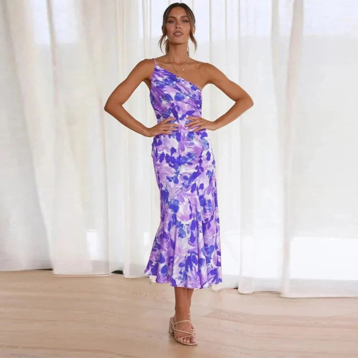Asymmetrical One Shoulder Dress with Floral Print for Women