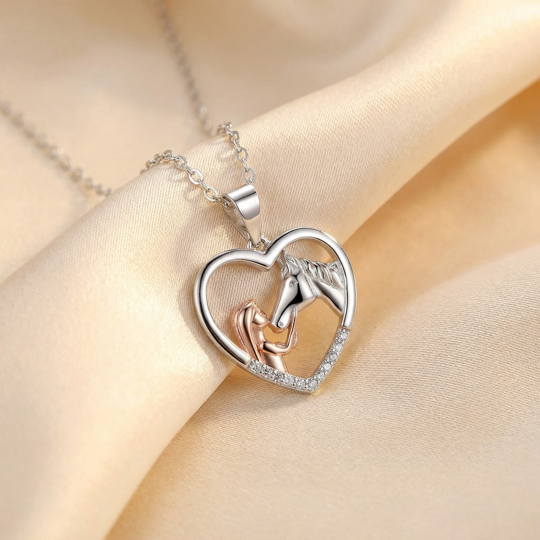 Horse Lover Necklace with Heart Pendant and Zircon Stones