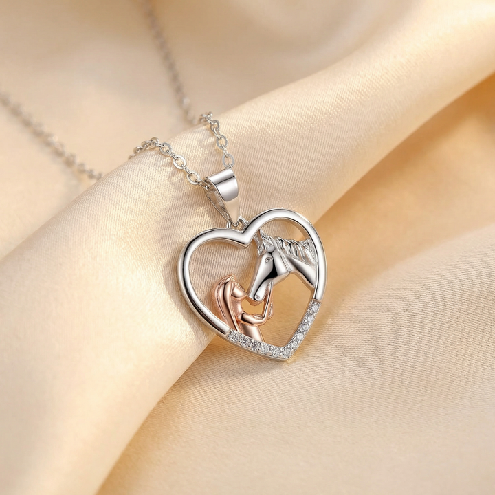 Horse Lover Necklace with Heart Pendant and Zircon Stones