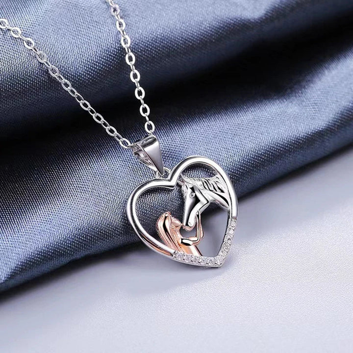 Horse Lover Necklace with Heart Pendant and Zircon Stones