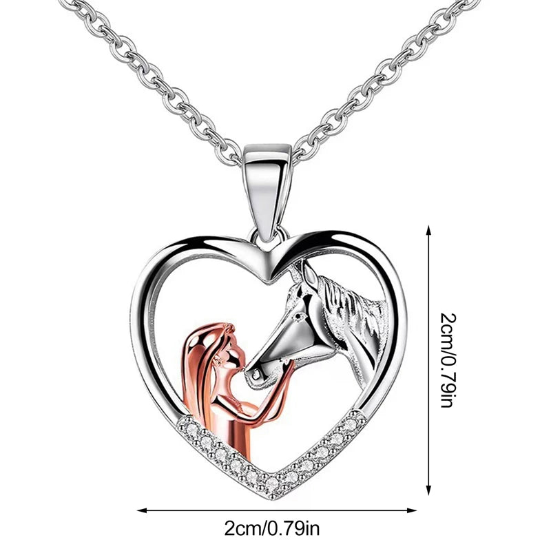 Horse Lover Necklace with Heart Pendant and Zircon Stones