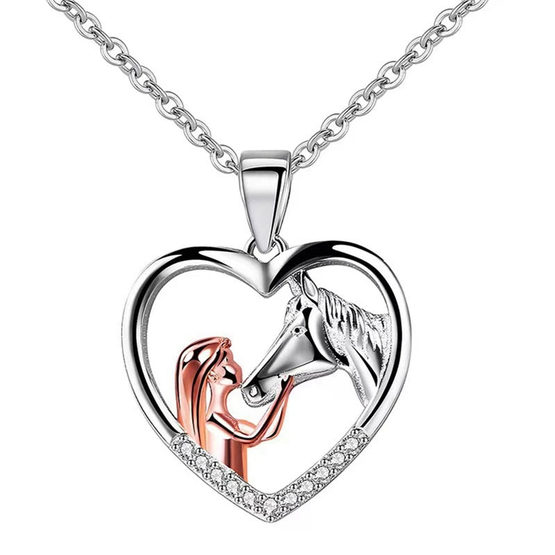 Horse Lover Necklace with Heart Pendant and Zircon Stones