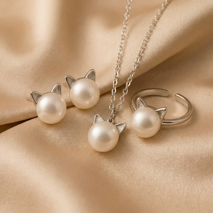 Pearl Cat Necklace Earrings Ring Set Sterling Silver