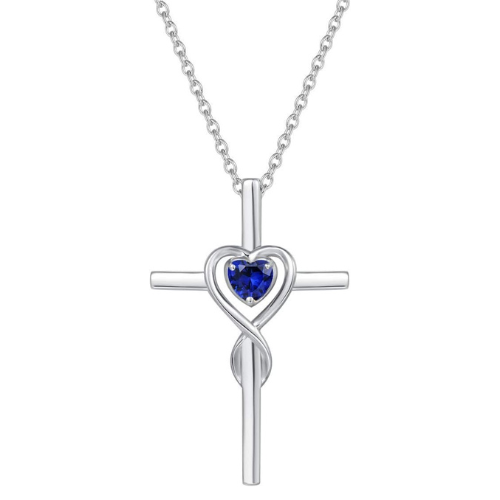 Cross Necklace with Sapphire Heart Stone | White Gold Pendant