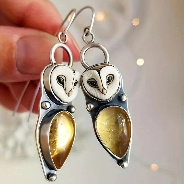 Barn Owl Drop Earrings with Golden Stones - Nickel Free Silver