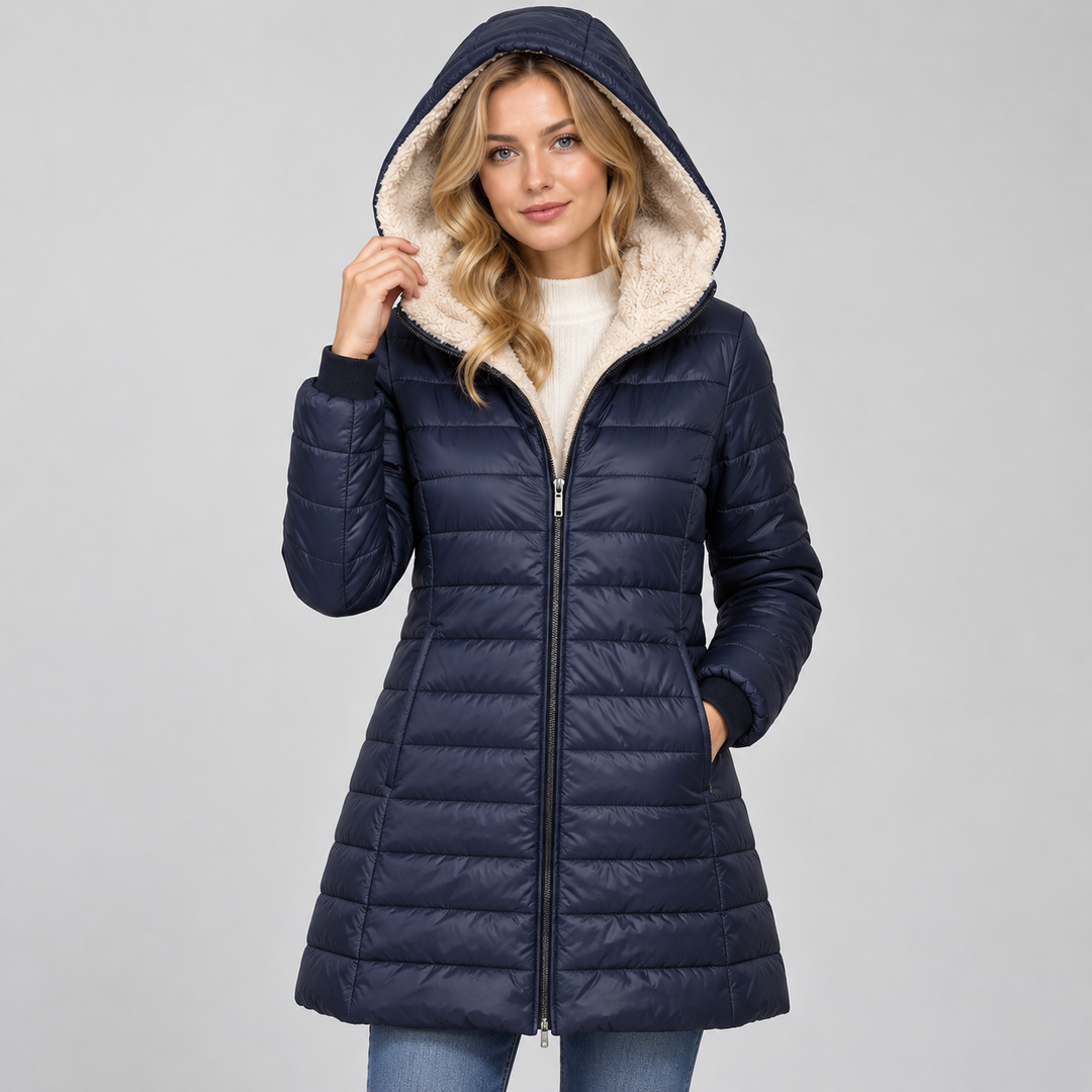 Women's Fleece-Lined Hooded Padded Coat, Mid-Length