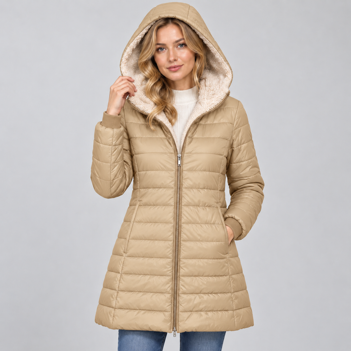 Women's Fleece-Lined Hooded Padded Coat, Mid-Length
