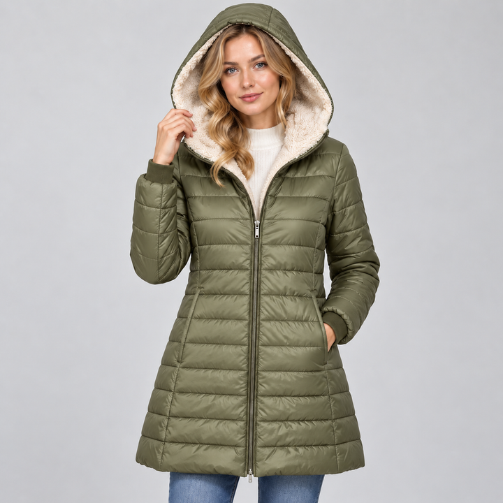 Women's Fleece-Lined Hooded Padded Coat, Mid-Length
