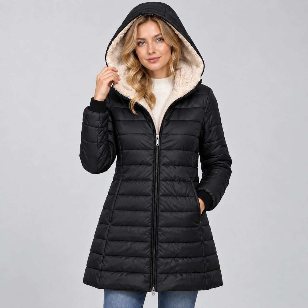 Women's Fleece-Lined Hooded Padded Coat, Mid-Length