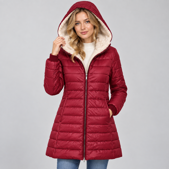 Women's Fleece-Lined Hooded Padded Coat, Mid-Length
