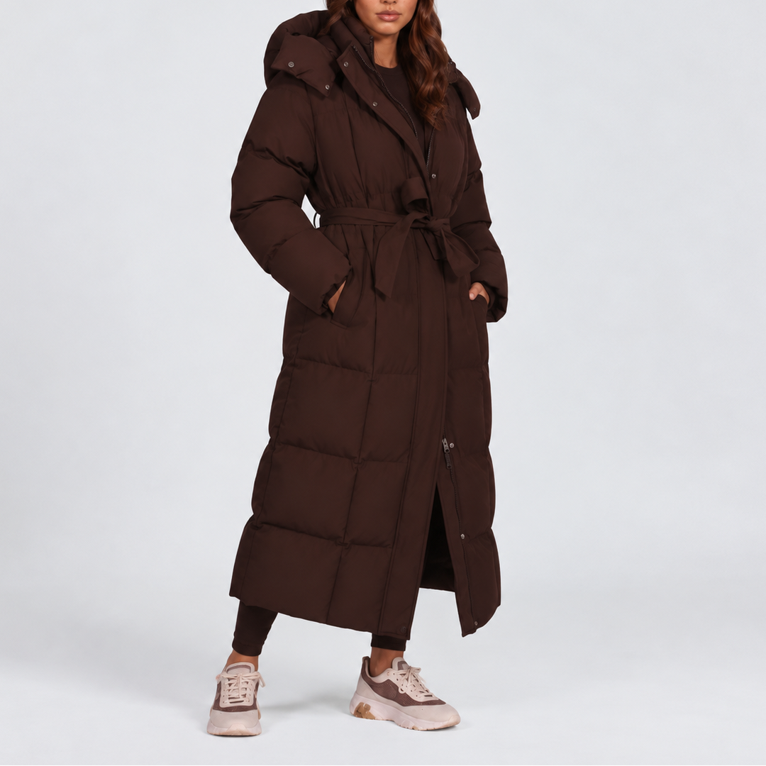 Women's Long Belted Puffer Coat with Hood