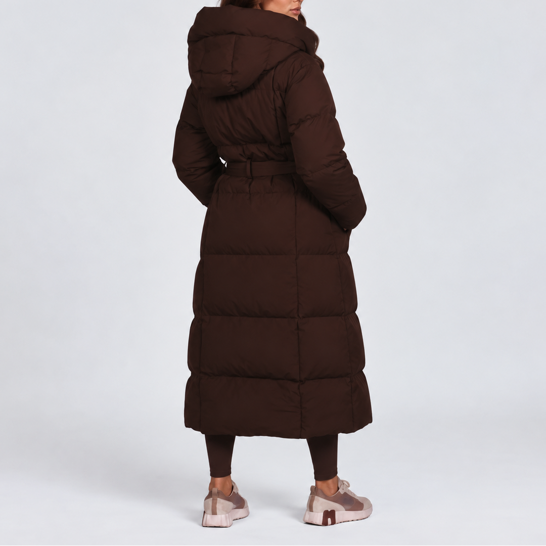 Women's Long Belted Puffer Coat with Hood