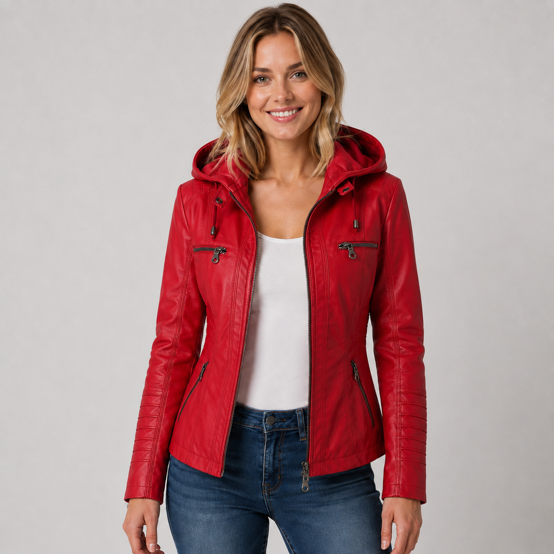 Women's Hooded Faux Leather Zip-Up Jacket