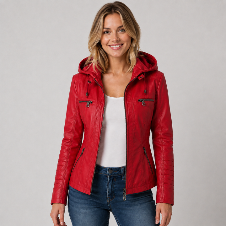 Women's Hooded Faux Leather Zip-Up Jacket