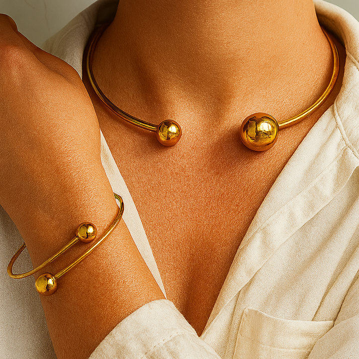 Gold Collar Necklace and Cuff Bracelet Set for Women