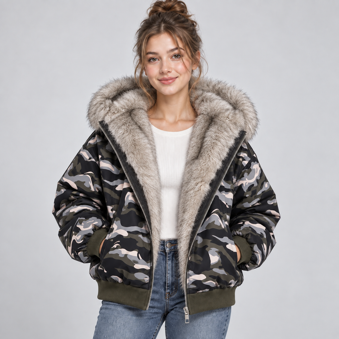 Women's Hooded Puffer Jacket with Faux Fur Trim