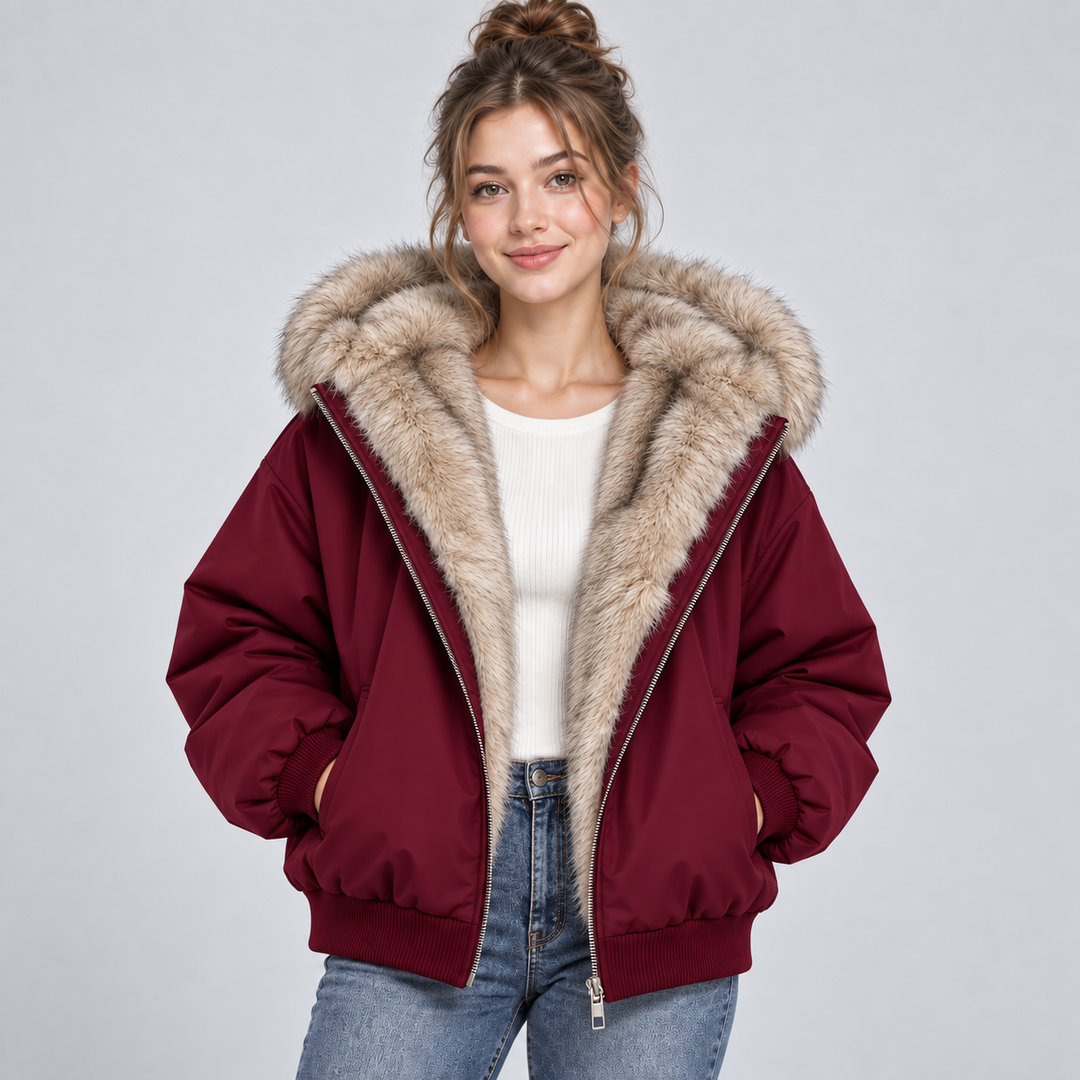 Women's Hooded Puffer Jacket with Faux Fur Trim