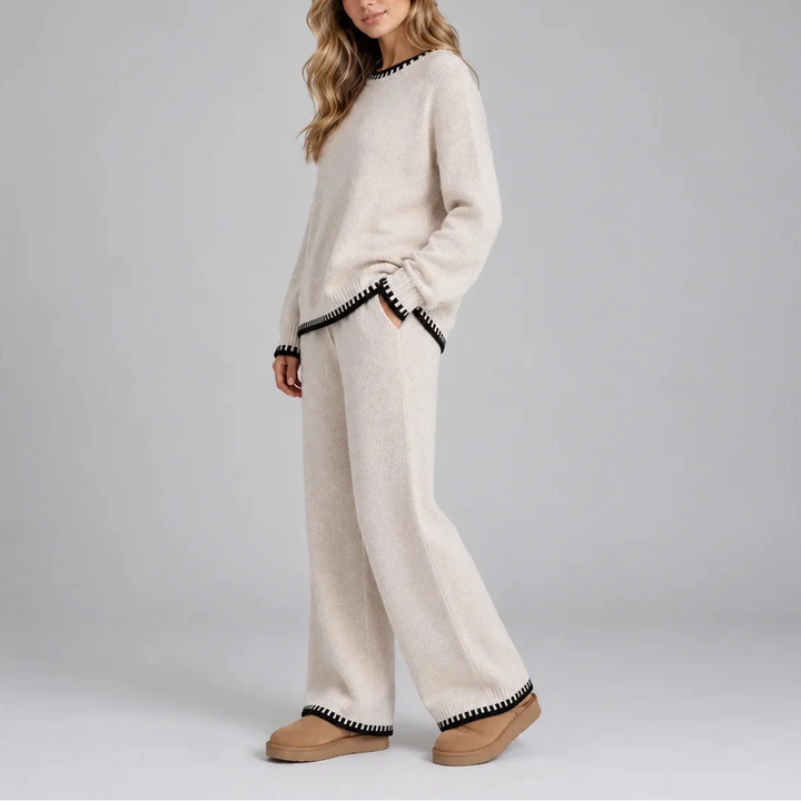Women's Knit Lounge Set, Contrast Trim Sweater and Wide Leg Pants
