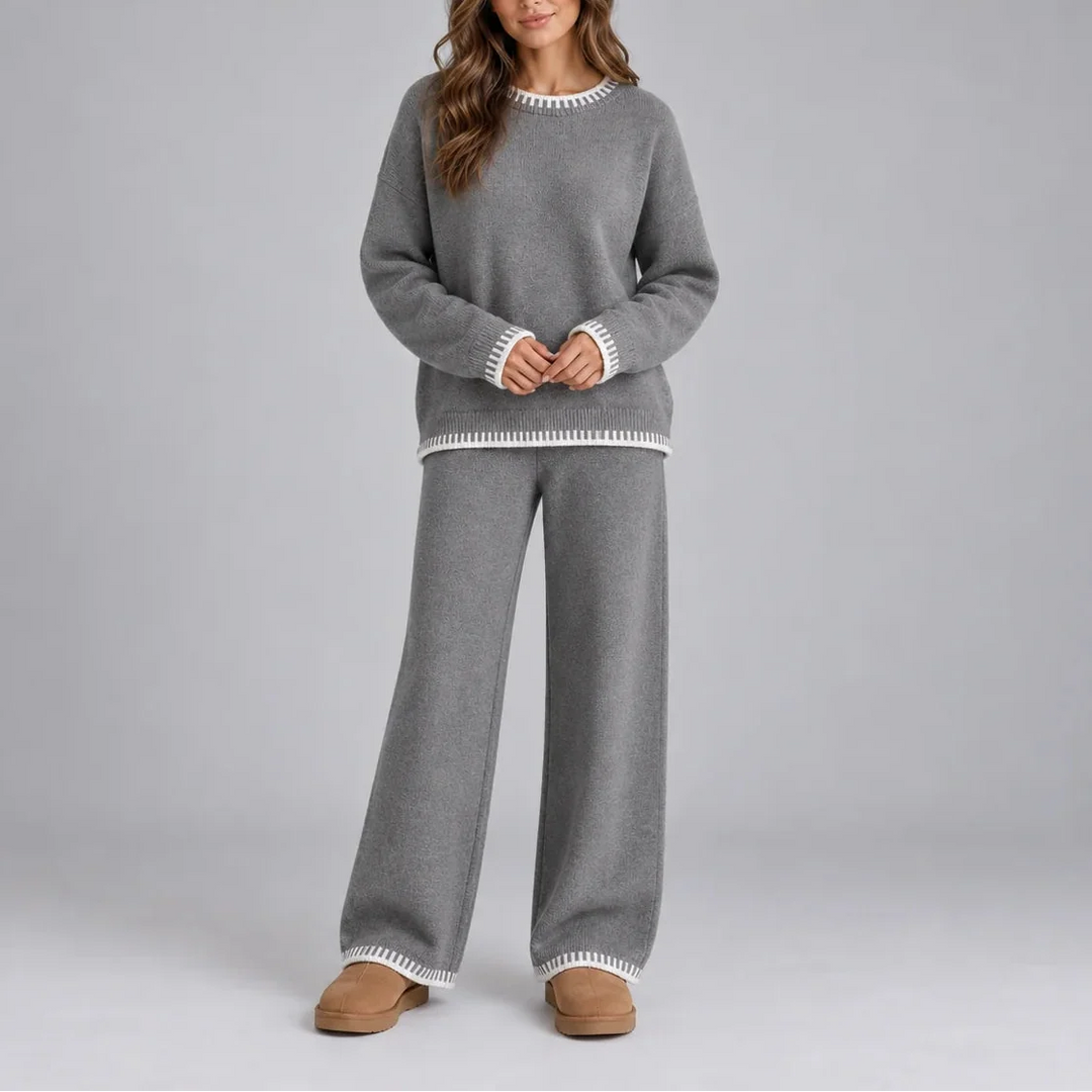 Women's Knit Lounge Set, Contrast Trim Sweater and Wide Leg Pants