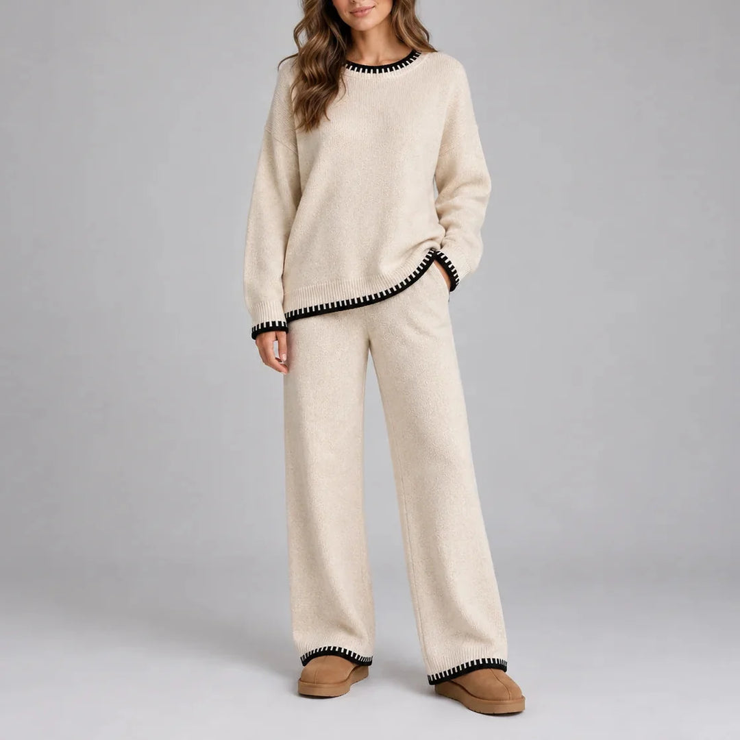 Women's Knit Lounge Set, Contrast Trim Sweater and Wide Leg Pants