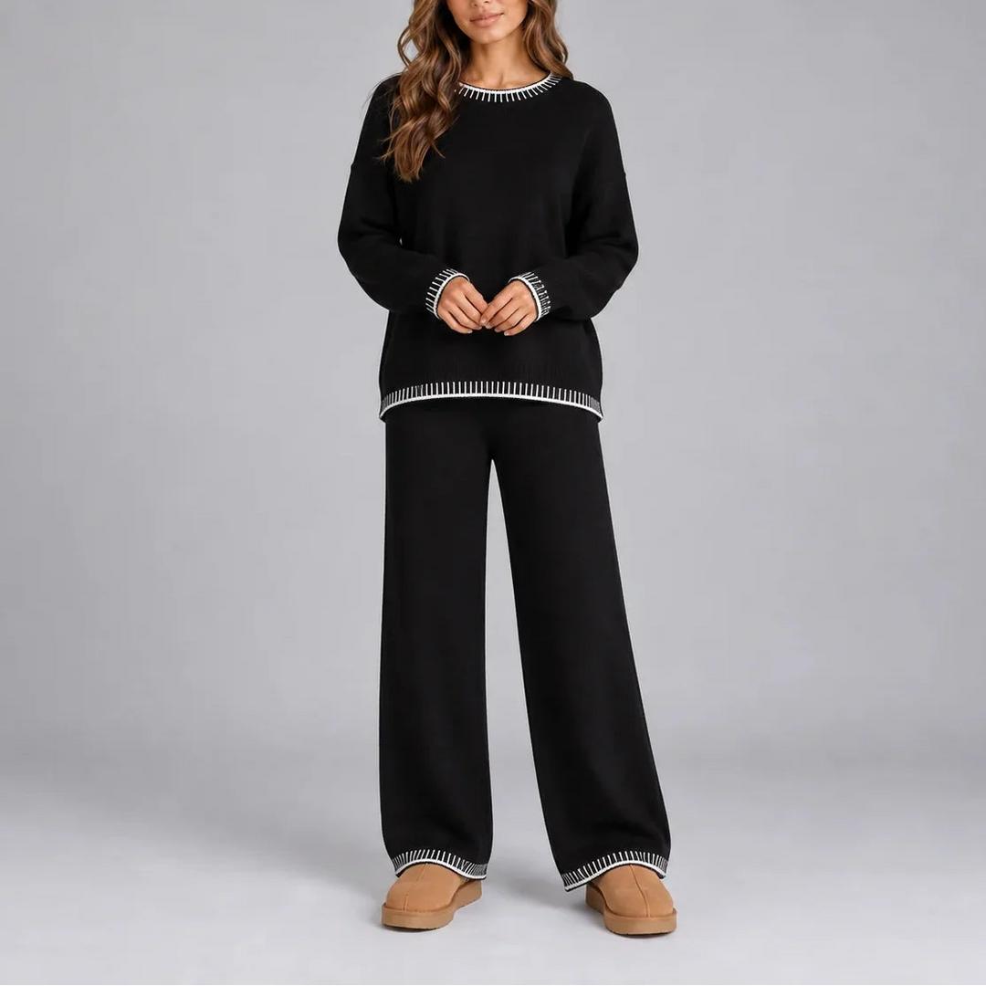 Women's Knit Lounge Set, Contrast Trim Sweater and Wide Leg Pants