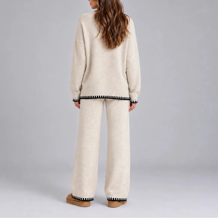 Women's Knit Lounge Set, Contrast Trim Sweater and Wide Leg Pants
