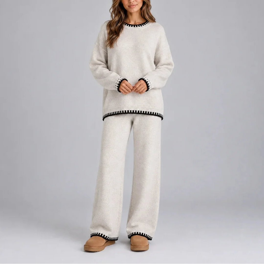 Women's Knit Lounge Set, Contrast Trim Sweater and Wide Leg Pants
