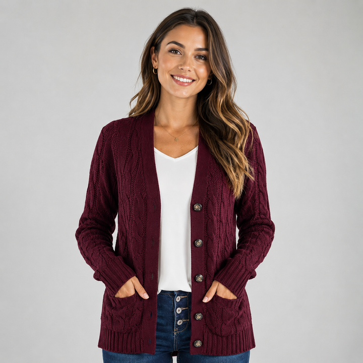 Women's Cable Knit V-Neck Cardigan with Buttons