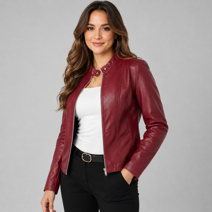 Women's Faux Leather Biker Jacket with Zip Front