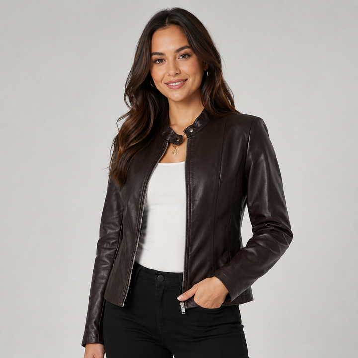 Women's Faux Leather Biker Jacket with Zip Front