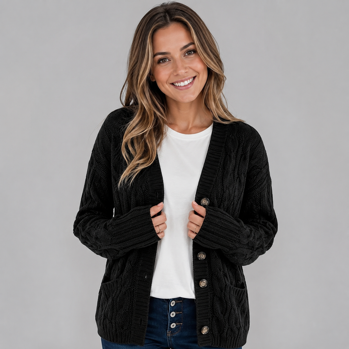 Women's Cable Knit V-Neck Cardigan with Buttons