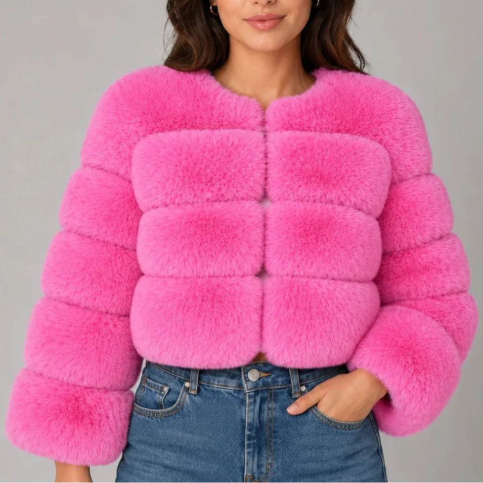 Women's Cropped Fluffy Faux Fur Coat with Round Neck