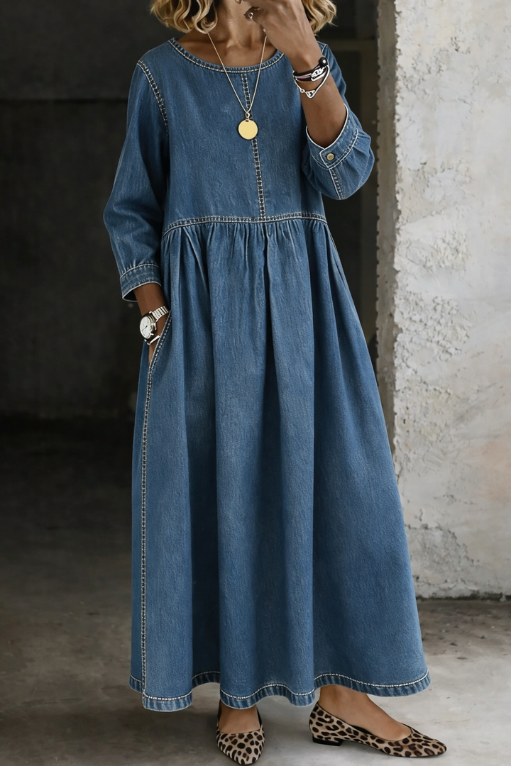Denim Dress for Women Long Sleeve Round Neck Casual