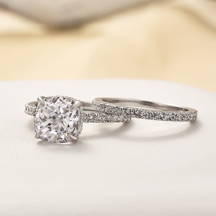 Cushion Cut Bridal Ring Set White Gold Two Piece Wedding Engagement