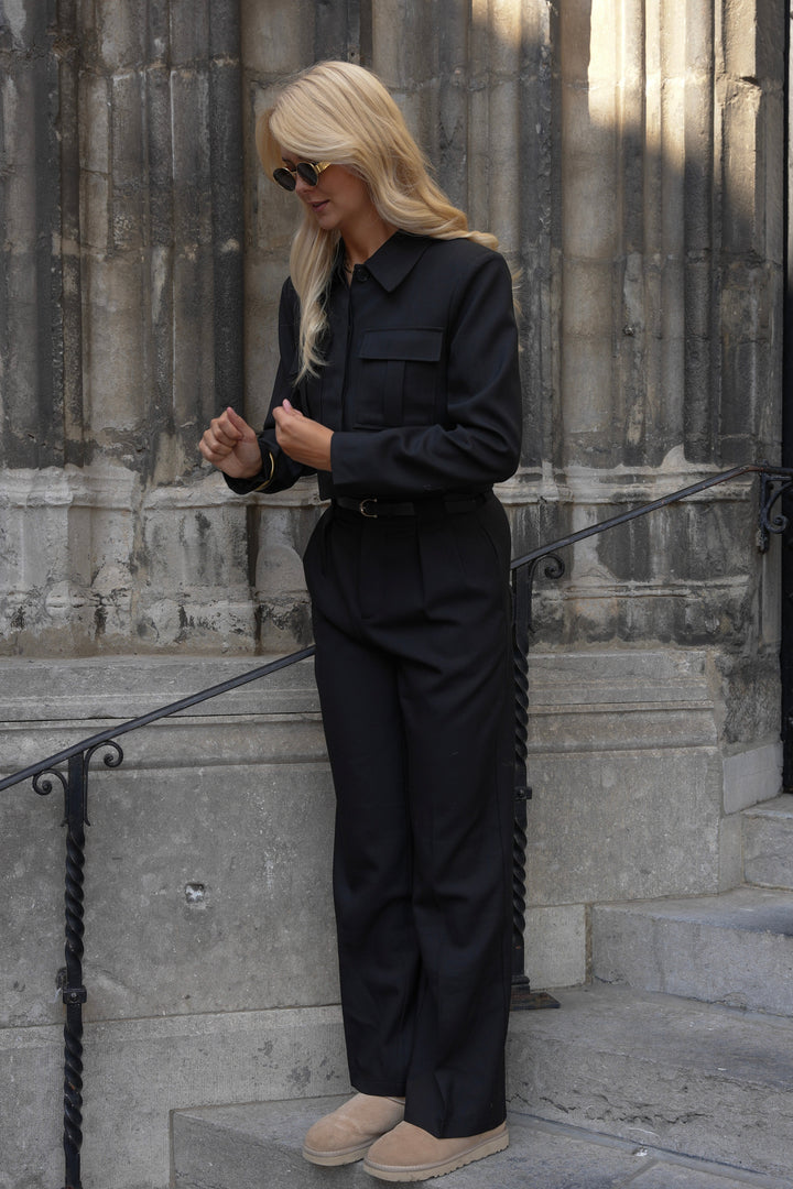 Wide Leg Trousers with Belt - Black High Waisted Pleated Pants