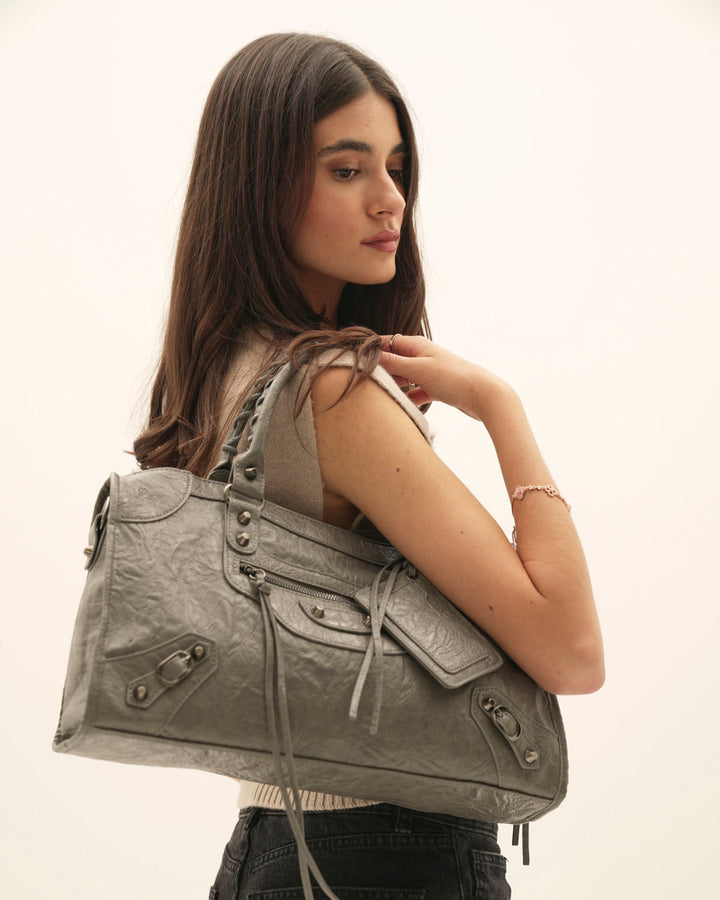 Leather Tote Bag for Work and Travel - Dark Grey Carryall