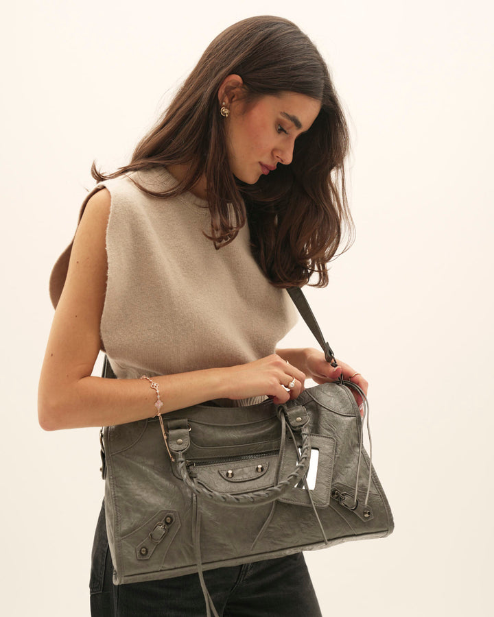 Leather Tote Bag for Work and Travel - Dark Grey Carryall
