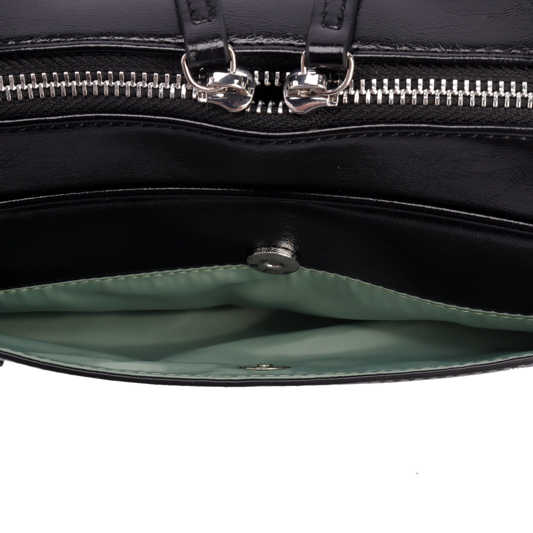 Black Leather Shoulder Bag - Boston Style Handbag for Women