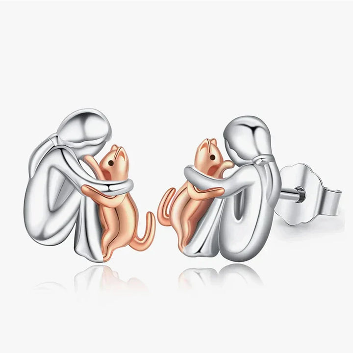 Cat Hug Stud Earrings Rose Gold Silver Two Tone Post Earrings
