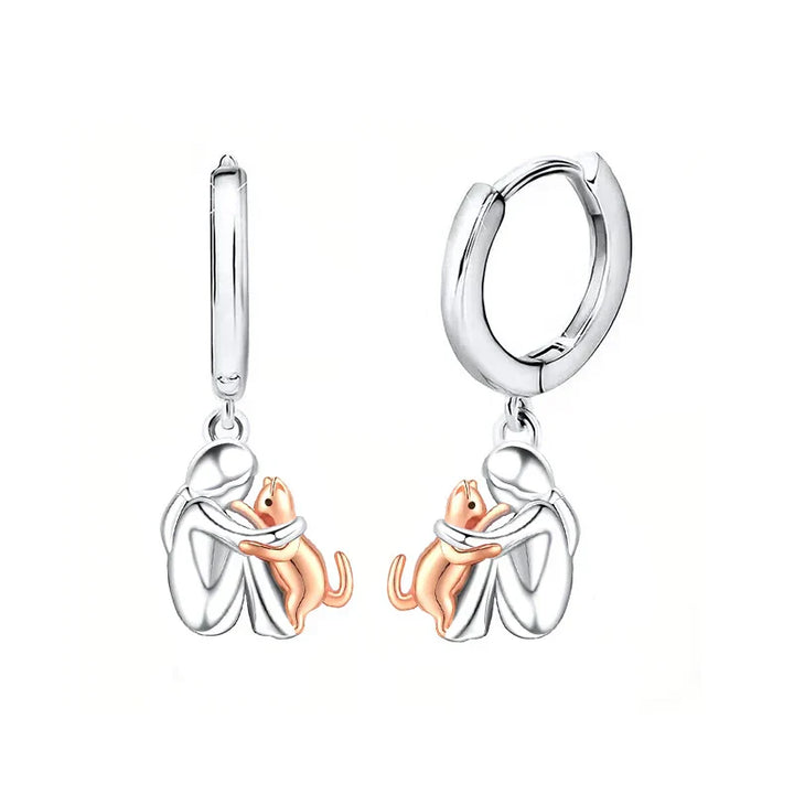 Cat Hug Dangle Earrings Two-Tone Gold Silver Hoop Style