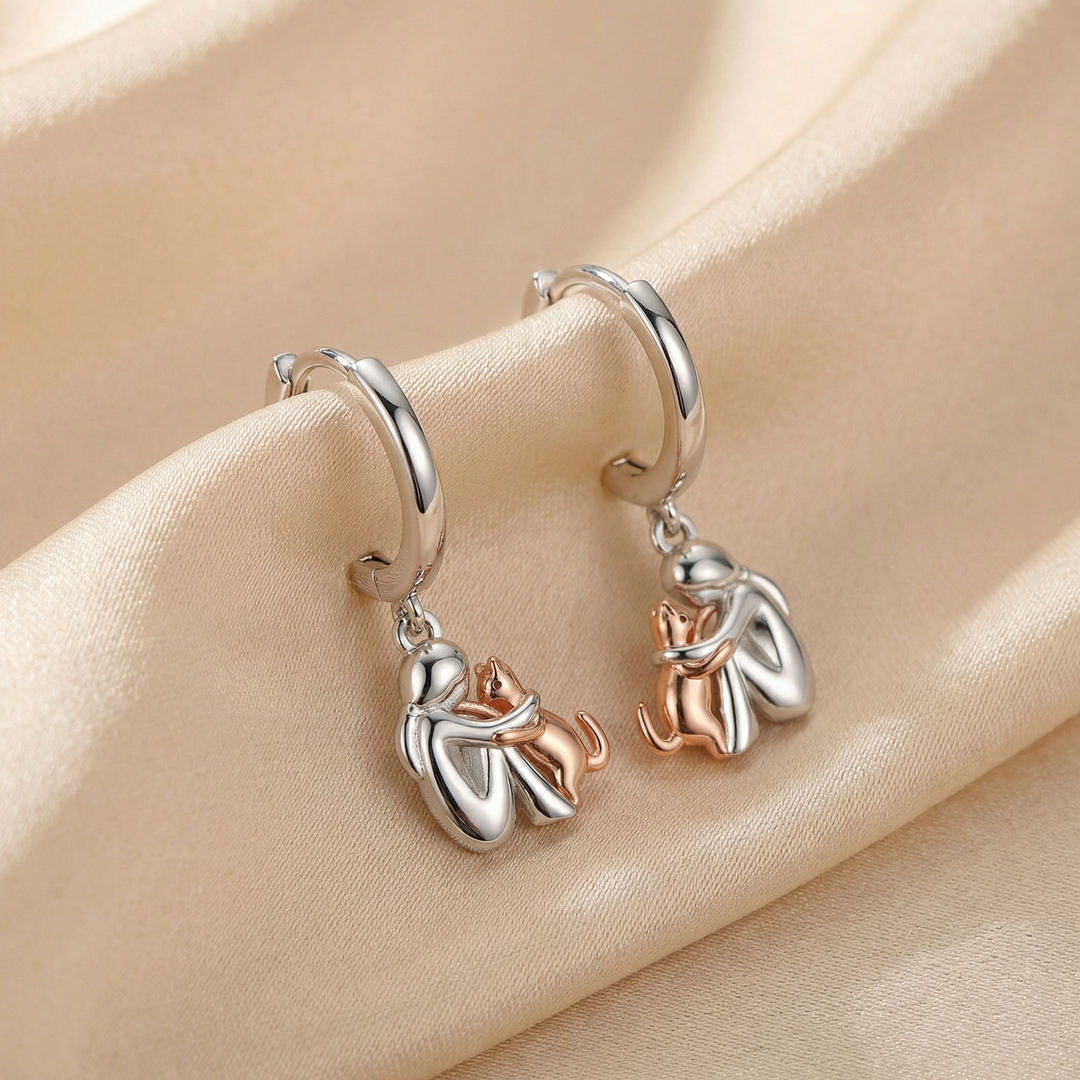 Cat Hug Dangle Earrings Two-Tone Gold Silver Hoop Style