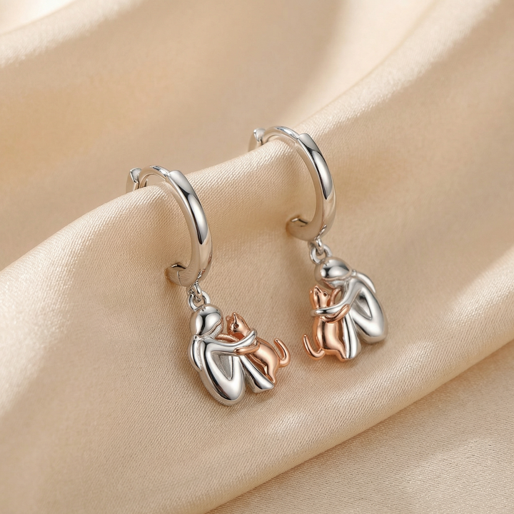 Cat Hug Dangle Earrings Two-Tone Gold Silver Hoop Style