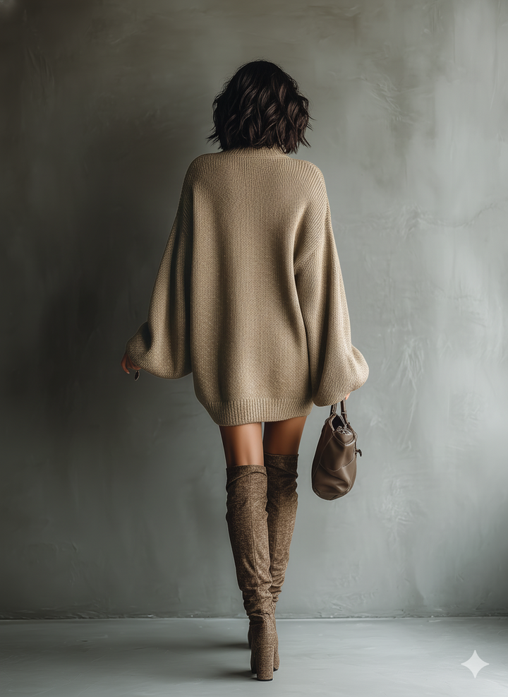 Caramel Brown Knit Sweater Dress with Long Sleeves