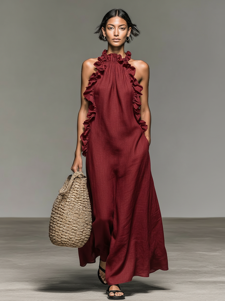 Linen Maxi Dress with Ruffle Detail for Women