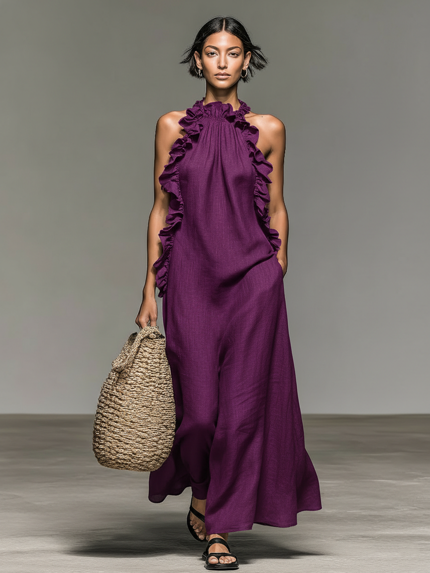 Linen Maxi Dress with Ruffle Detail for Women