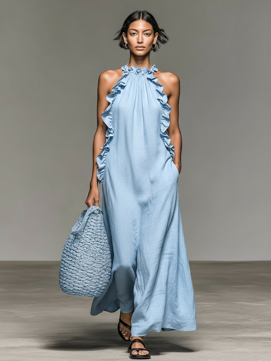Linen Maxi Dress with Ruffle Detail for Women