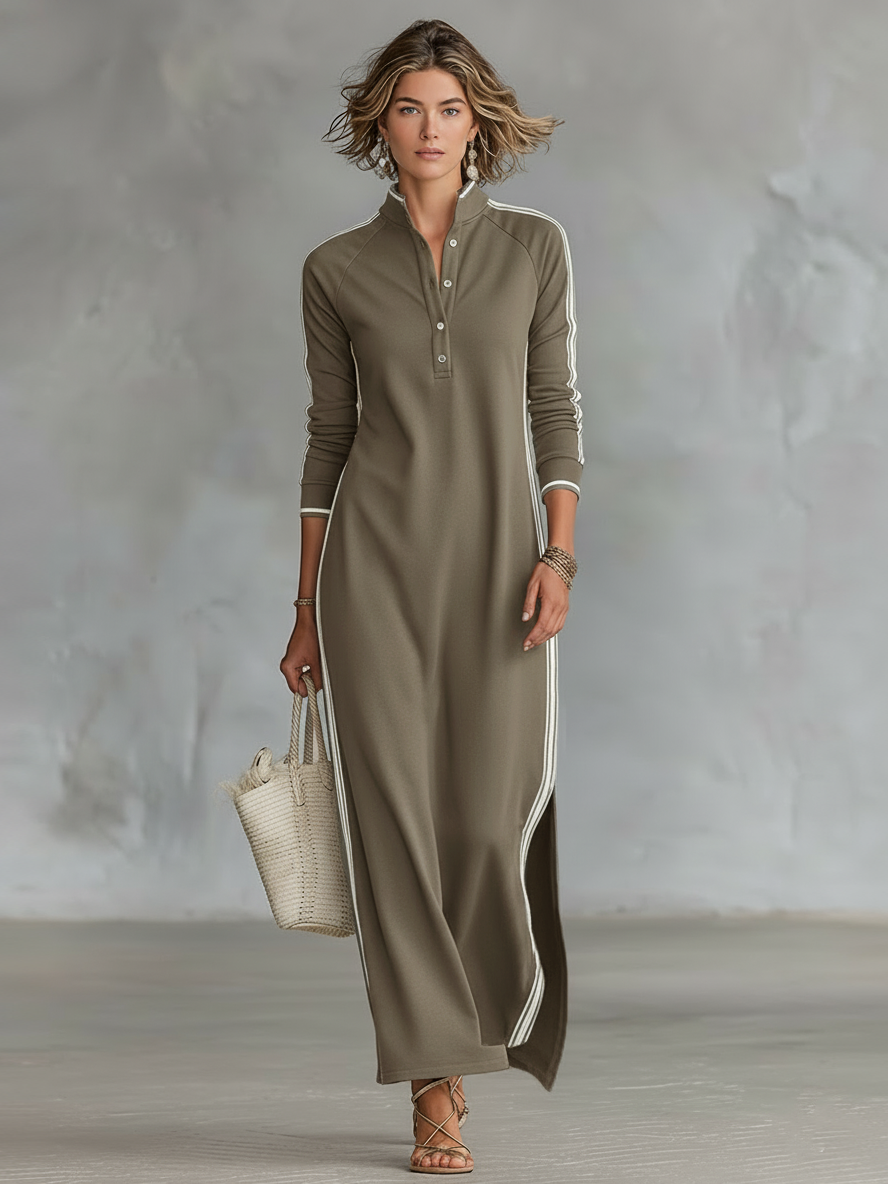 Minimalist Maxi Sweatshirt Dress with Collar and White Trim