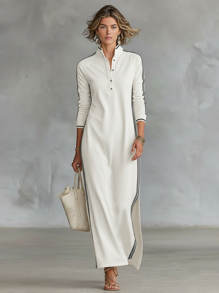 Minimalist Maxi Sweatshirt Dress with Collar and White Trim